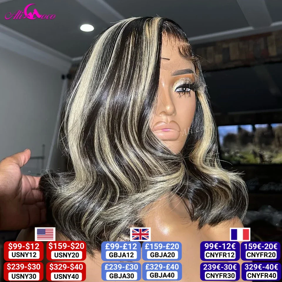 P1B 27 Blonde Body Wave Bob Wigs Human Hair Wig 13x4 Lace Front Wig 180 Density Transparent Lace Frontal Short Bob Wig For Women