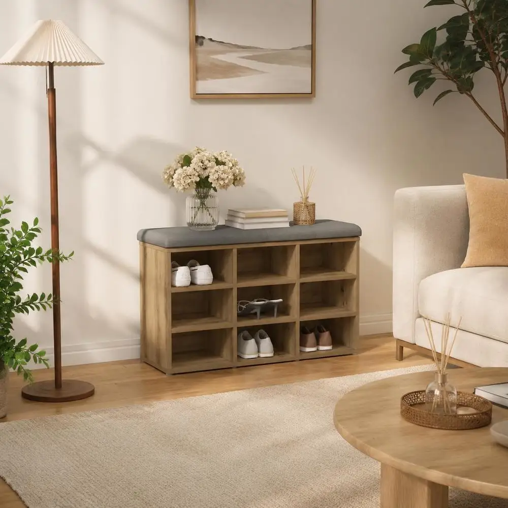Banc à chaussures Artisan Oak 82x32x50 cm en bois, pour entrées et salons, avec une surface facile à nettoyer.