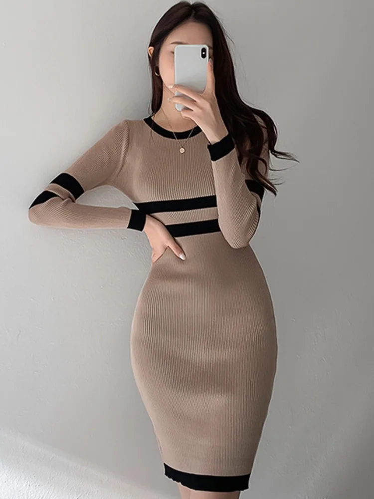 Stretch Knit Pencil Dress Spring Korean Version Pullover Full Sleeve Simple Color Matching High Waist Slim Elegant Office Dress