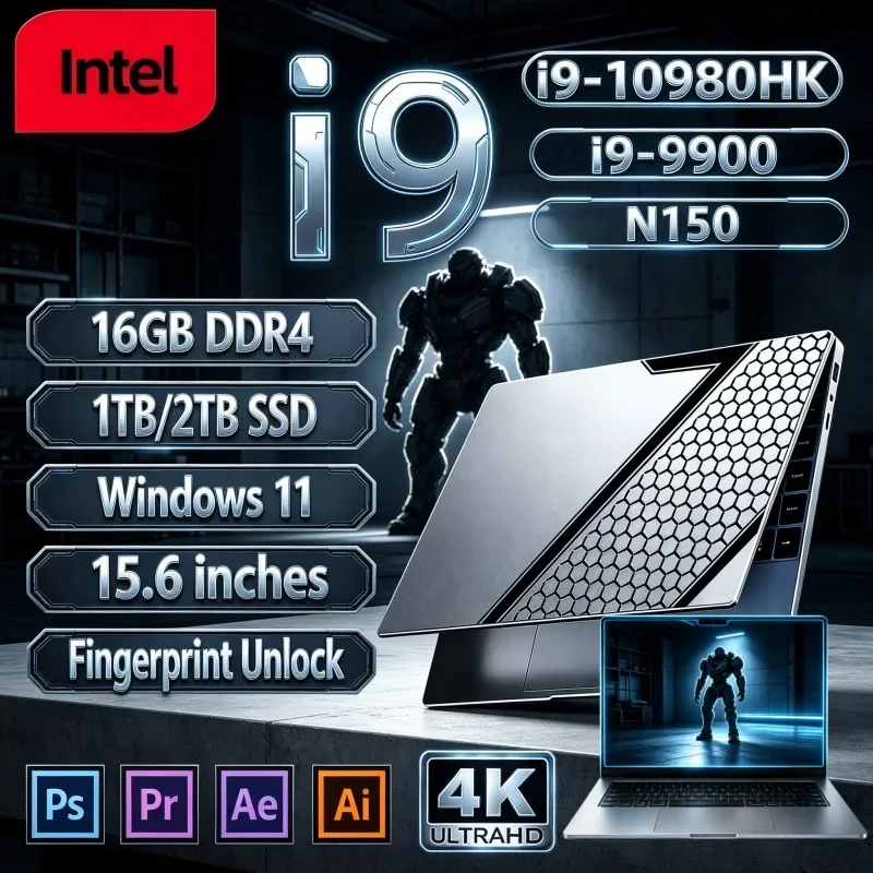 2026 New 15.6 Inch Ultra Slim Laptop Intel I9‑10980HK/I9-9900/N150 16GB 32GB 2TB SSD Win11 1080P Gaming Office PC