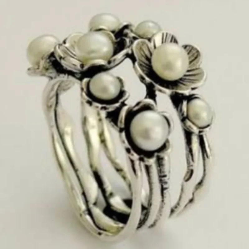 Vintage-Ring für Damen mit eingelegten Imitationsperlen und Blumenmuster, ethnische Silberfarbe, geometrisch, für den täglichen Gebrauch, Partyschmuck, Jubiläumsgeschenk