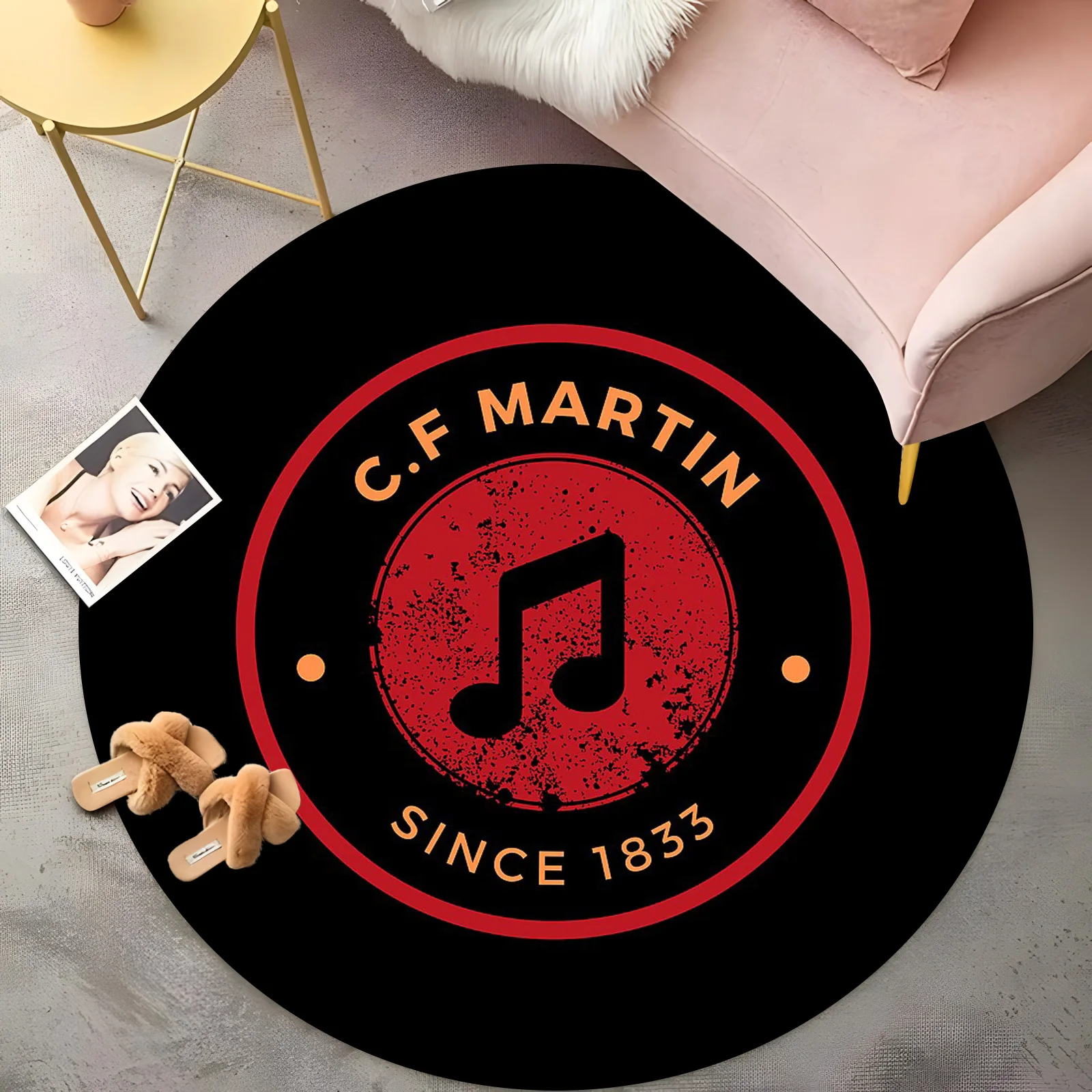 Vintage C.F. Martin Guitar Round Rug - Black & Red Music Note Design Since 1833, Non-Slip Retro Carpet for Musician Home Decor