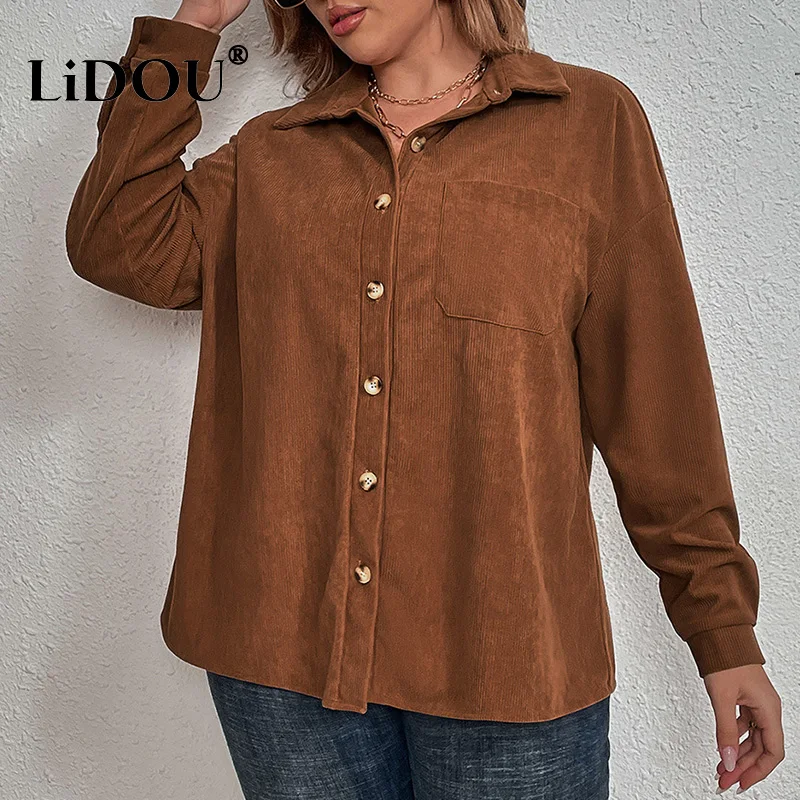 

Autumn Winter Fashion Elegant Plus Size Simple Blouse Women Casual Solid Oversized Shirt Female Corduroy Loose Chic Lady Tops