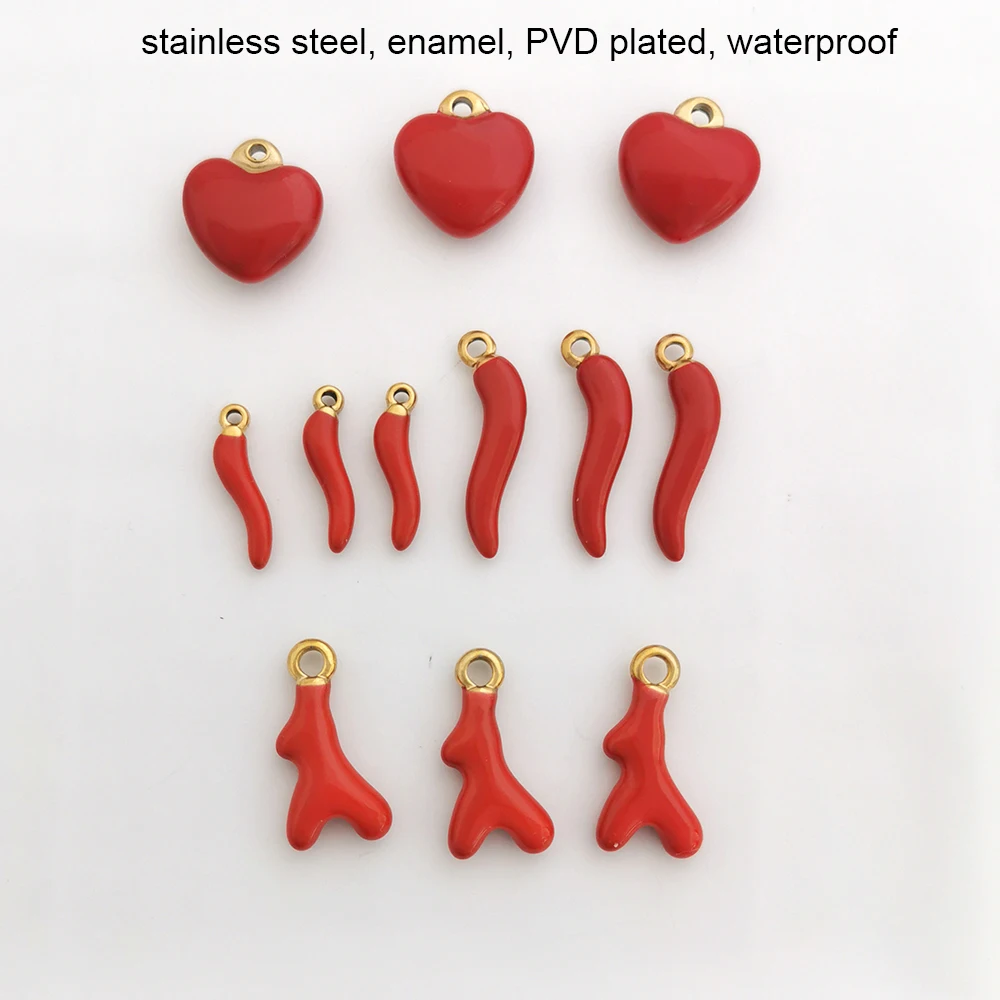 3pcs/lot Stainless Steel Pendant  Red Pepper Coral Heart Charm Gold Color Custom For Necklace PVD Plated Waterproof Wholesale