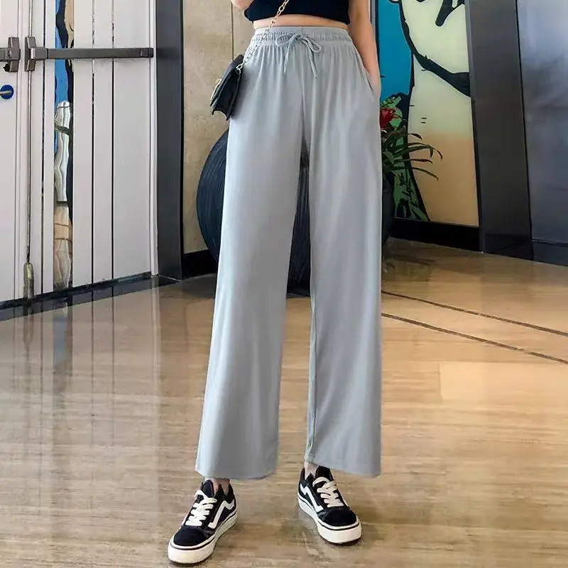 2024 New Women Ankle-Length Wide Leg Pants Casual Summer Solid Elastic Waist Loose Ice Silk Pants Spring Summer Female Trousers image 6