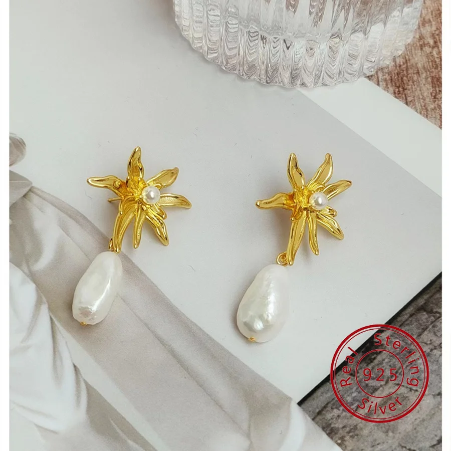 Luxury 925 Silver Needle Sunflower Baroque Pearl Dangle Earring Irregular Freshwater Pear Drop Earrings for Women Party  Jewelry