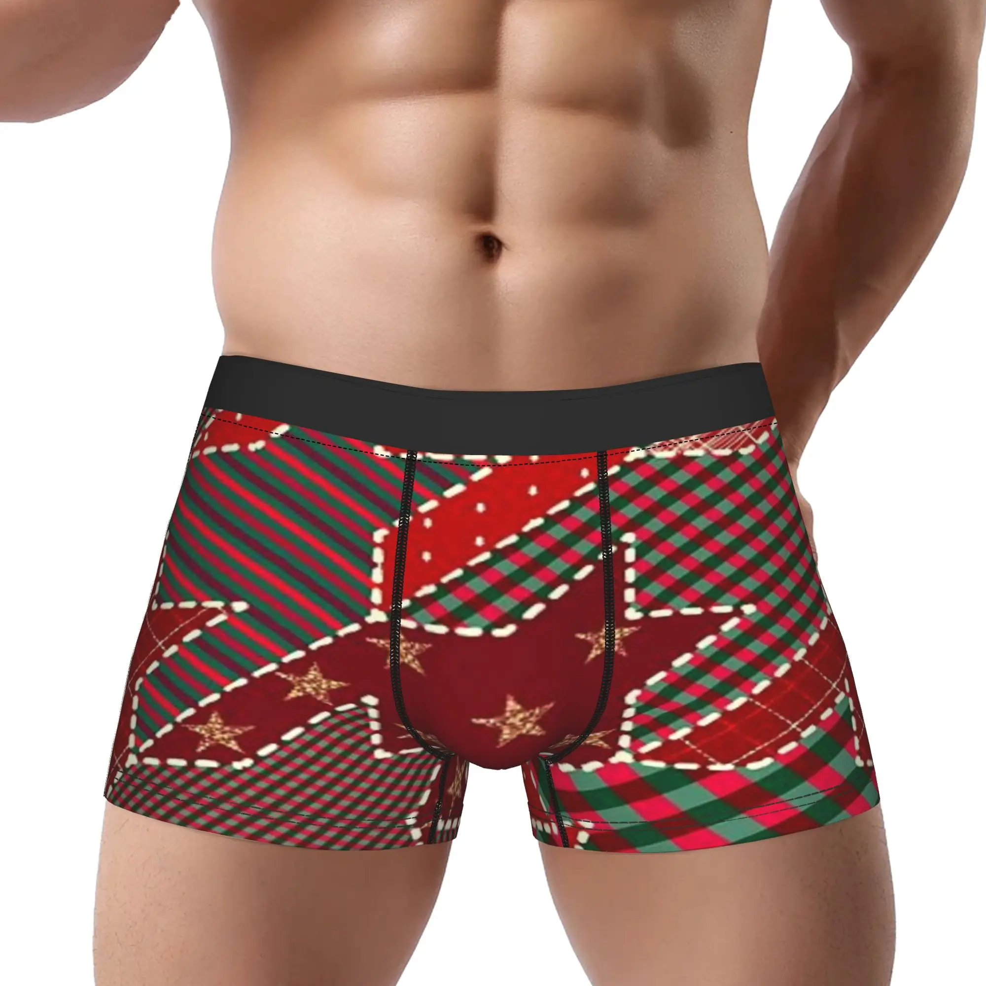 Christmas Plaid Patchwork Holiday Pattern  Underpants Breathbale Panties Men's Underwear Print Shorts Boxer Briefs
