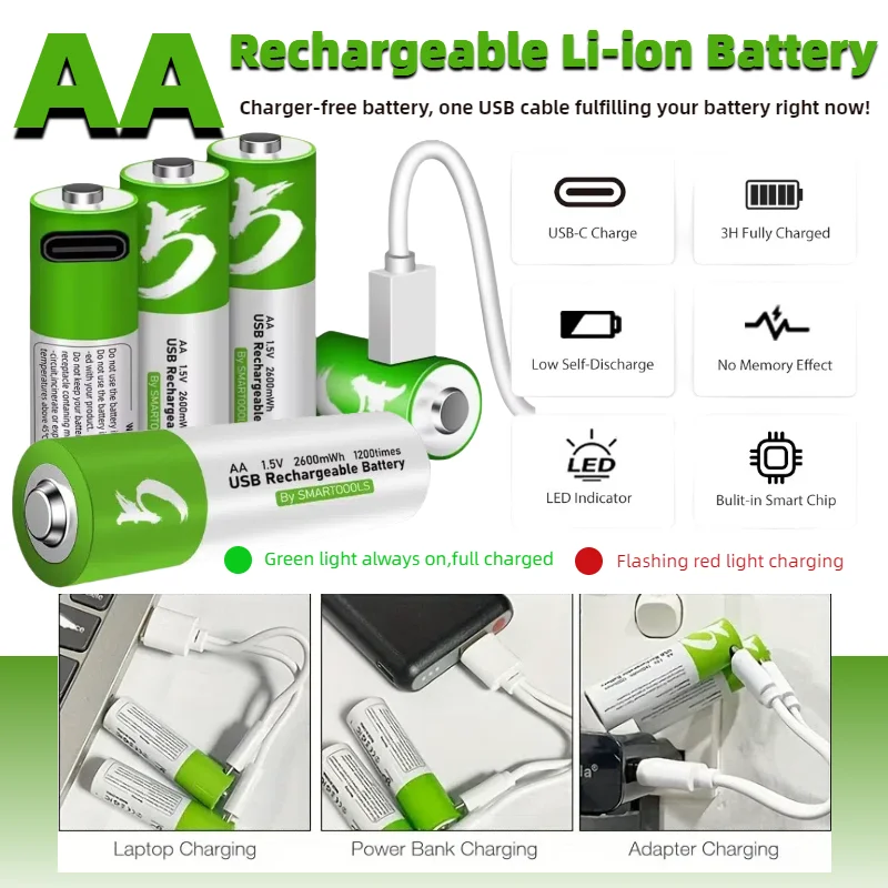 

High Capacity 1.5V AA 2600mWh USB Rechargeable Li-ion Battery for Remote Control Mouse Electric Toy Game Controller LED Light