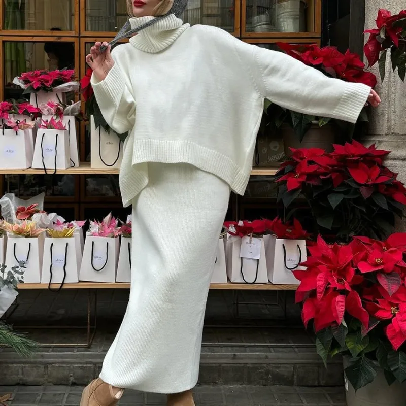 Set gonna maglione dolcevita lavorato a maglia da donna Autunno Inverno Abito caldo da donna casual in 2 pezzi tinta unita allentato