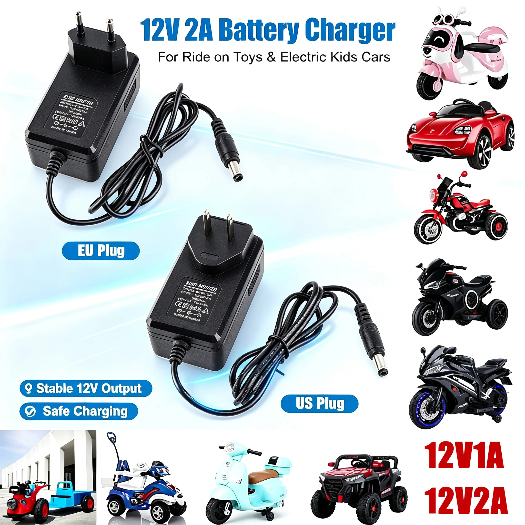 Children Electric Car Charger 12V 1A 2A Lithium Battery Charger EU US Plug With Light Prompt, Ride On Toy Car Power Adapter