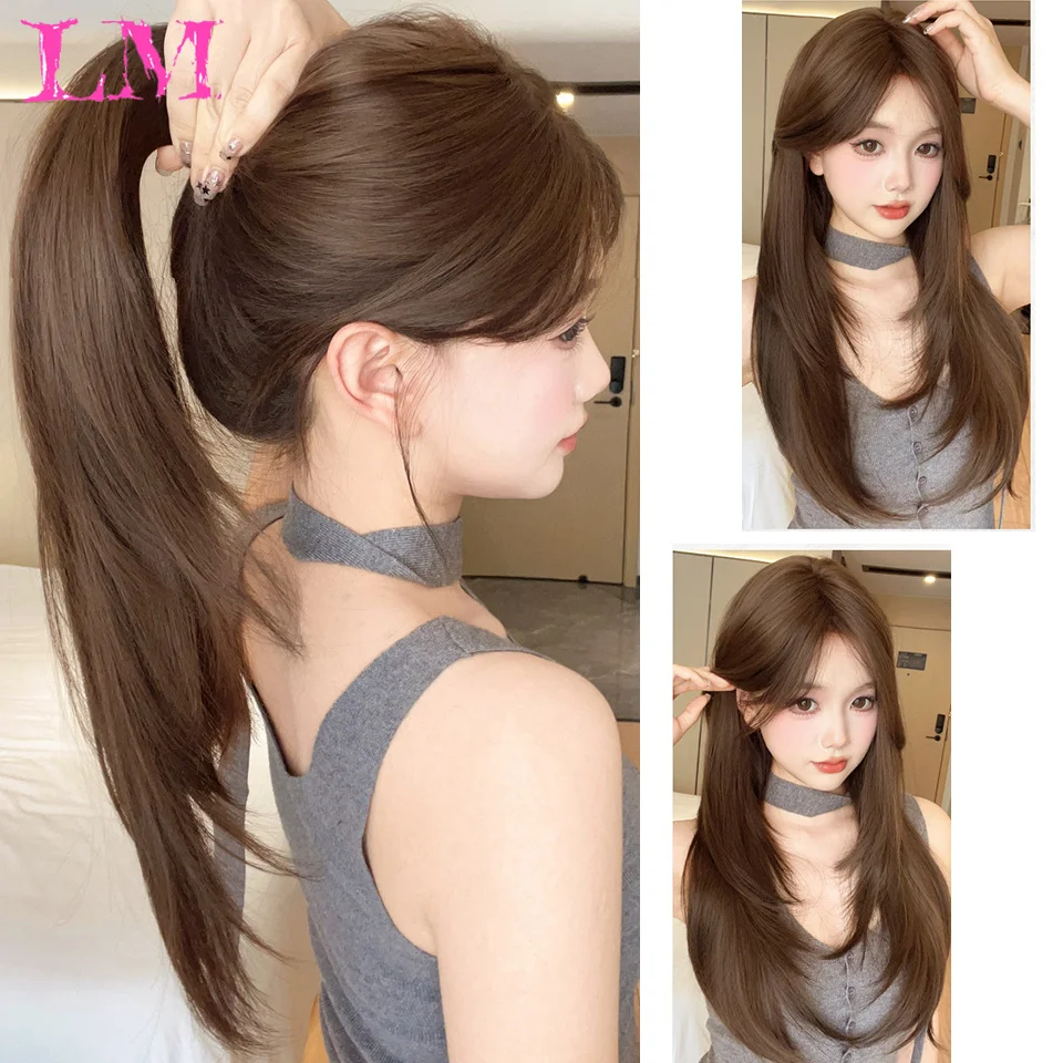 LM Synthetic Long Straight Brown Wig Synthetic Fiber Layered Heat-Resistant Natural Smooth Hair For Women Daily Use