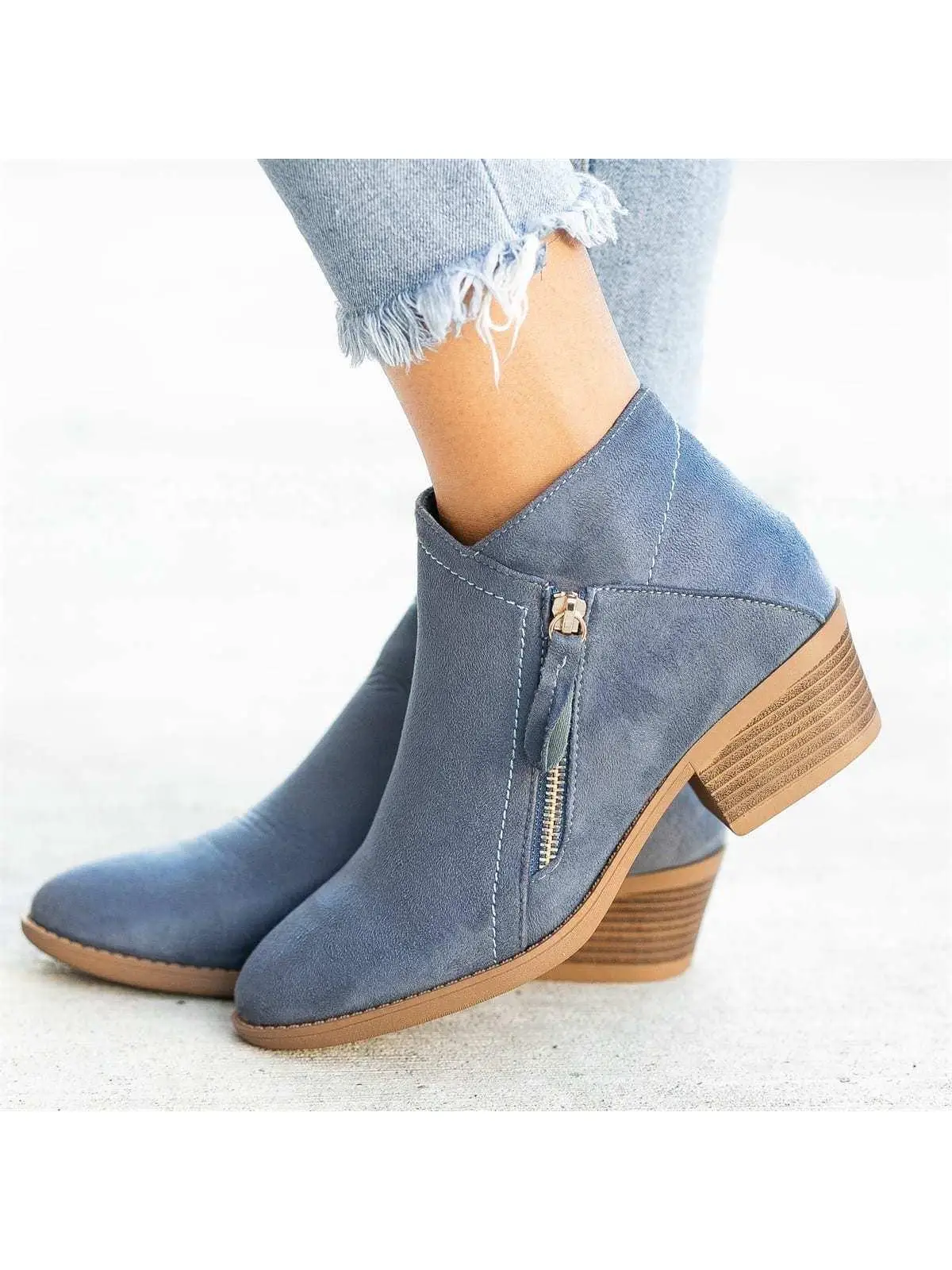 

Fashionable round Toe Side Zipper Thick Heel Women's Boots Large Size Color Low Cut Rubber Sole Comfortable Spring Autumn