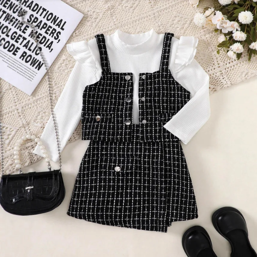

New Arrival Girls 3 Piece Set Ruffle Sleeve Undershirt + Camisole Tweed Top + Plaid Mini Skirt Kids Fashion Outfits 2-7Y
