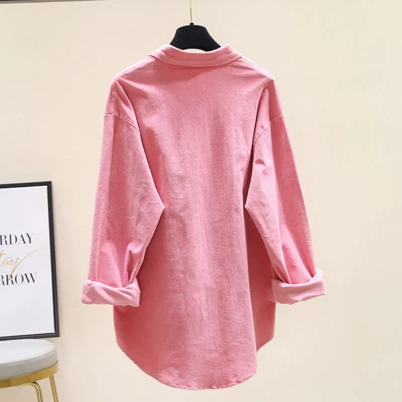 Pink Corduroy Cotton Polo-Neck Single Breasted Long Sleeve Women\'s Blouse Shirt Casual Female Clothing Tops Fashion 2024 Autumn