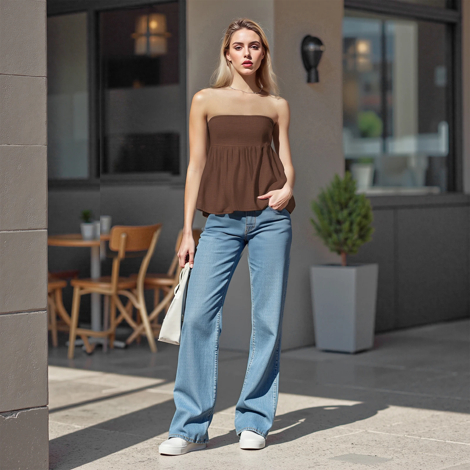 Womens's Ruffle Tube Tops Strapless Smocked Tank Top Sleeveless Pleated Peplum Bandeau Blouse Flowy Going Out Tops Streetwear