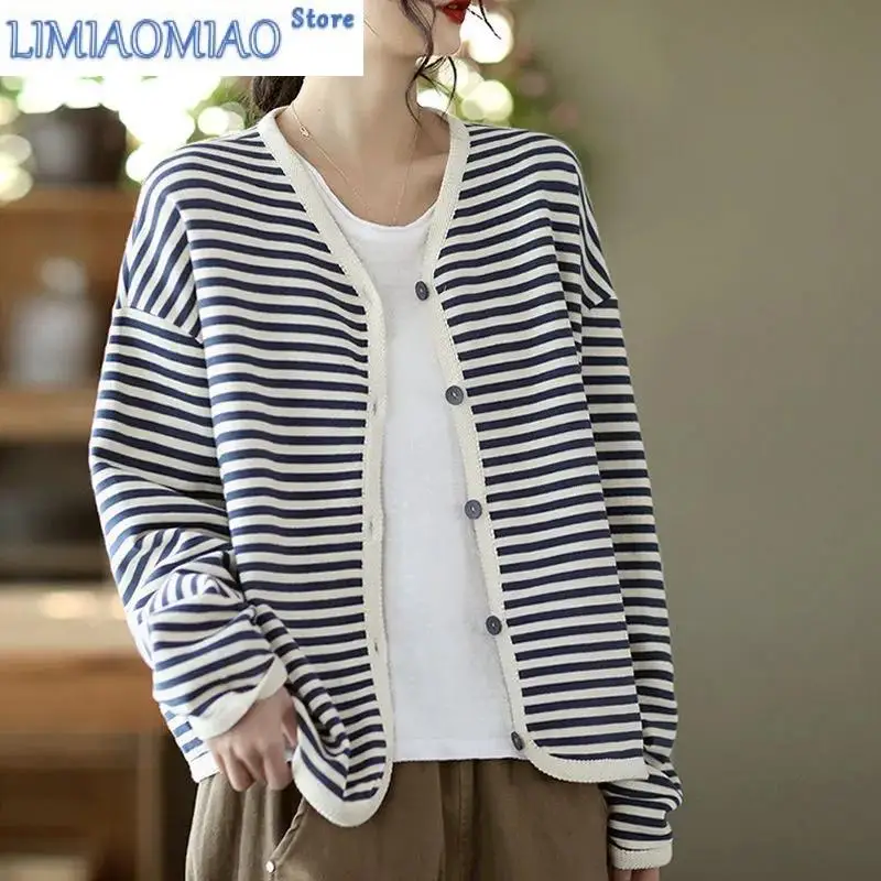 New Cotton Spring All-match Striped Webbing Edge Single-Breasted Women's Long-sleeved Short Coat Women's Cardigan Top