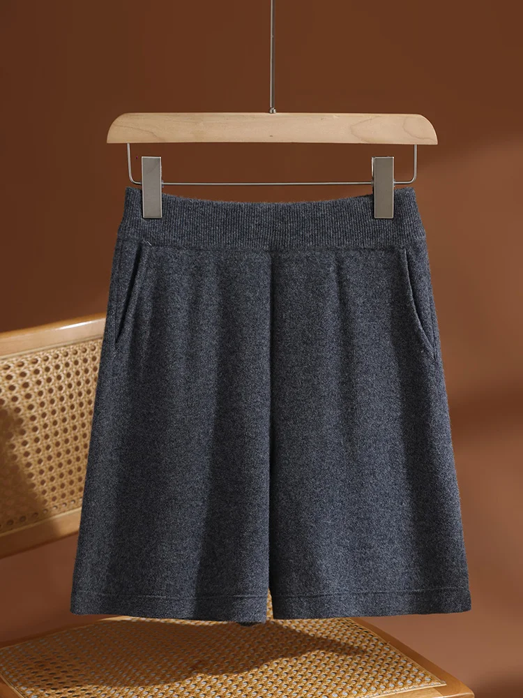 Autumn Winter Women Wool Shorts Elastic Waist Casual Basic Straight Shorts 100% Merino Wool Knitted Fit Pocket Solid Short Pants - Image 3