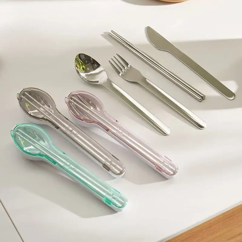 مجموعة أدوات المائدة المحمولة مع صندوق تخزين التخييم السفر في الهواء الطلق أواني الطعام الفولاذ المقاوم للصدأ سكين ملعقة شوكة عيد الميلاد