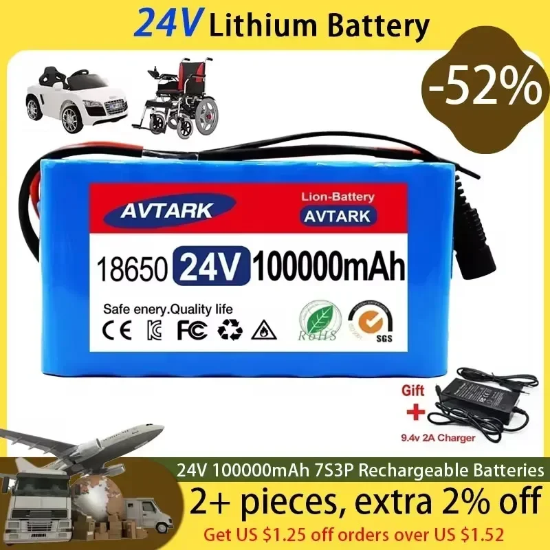 

NEW 7s3p 24V 100Ah 18650 Lithium Battery Electric Bicycle Moped electric Li-ion Battery pack and US/EU 2A Charger