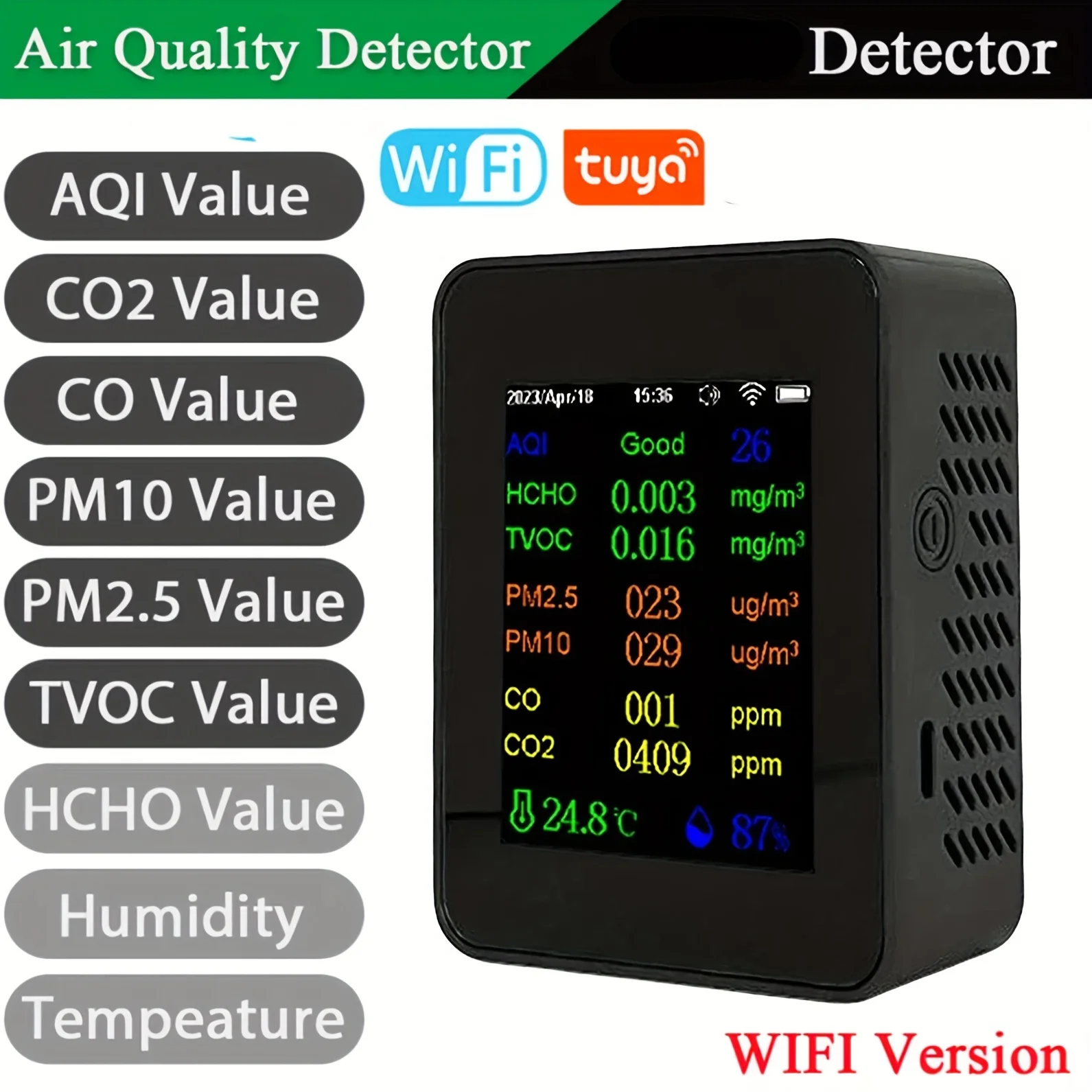 Tuya Wifi Air Quality Monitor Temperature&Humidity-Rechargeable Lcd Display With Control For Office,Greenhouse&Industrial Use