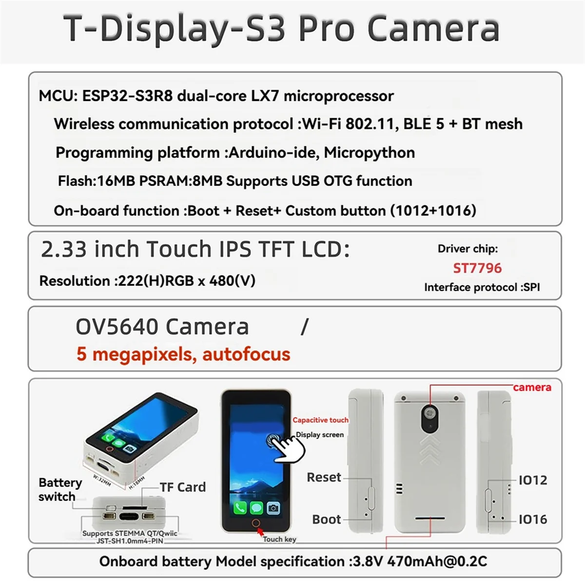 5-мегапиксельная камера OV5640 T-Display-S3-Pro ESP32-S3 Сенсорный дисплей 2,33-дюймовый ЖК-дисплей Макетная плата I2C Сенсорный модуль WiFi A