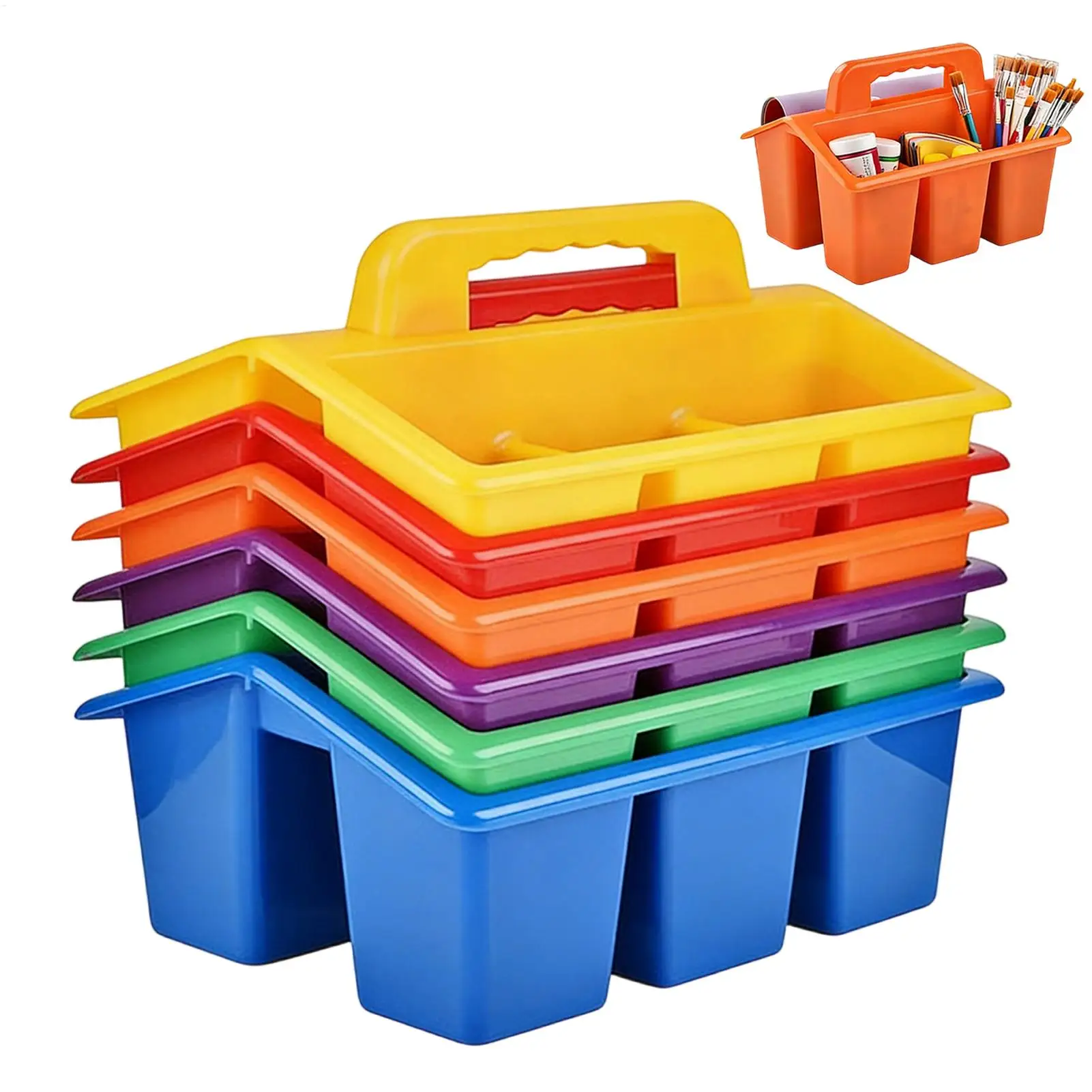 Plastic Storage Basket 4-Compartment 6 Pcs With Handle Desktop Tool Storage Bin Portable Office Desk Organizer For Art Paint Pen