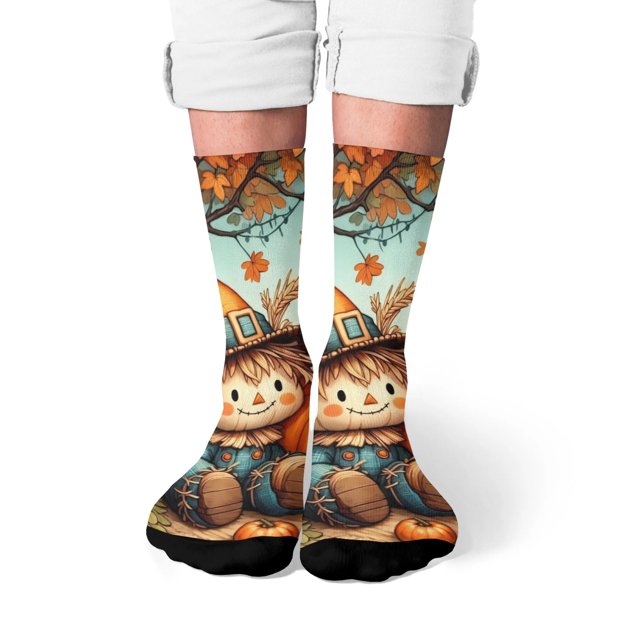 Neuartige Herbst-Pastoral-süße Vogelscheuchen-Druck-Herrensocken, Harajuku-Retro-Herbst-Freizeitkleidung, Crew-Socken, Party- und Urlaubsgeschenk.