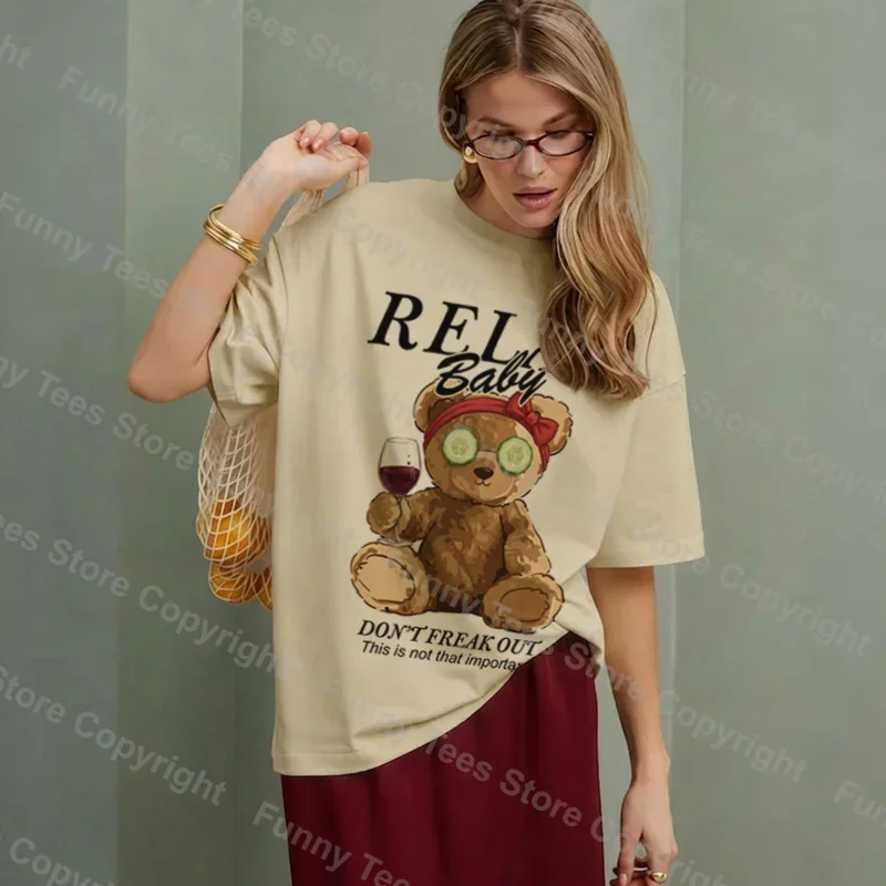 Relax Cute Funny Cartoon Bear T Shirt Oversized Vintage Streetwear Mental Health T-Shirts Women Cotton Short Sleeve Graphic Tee