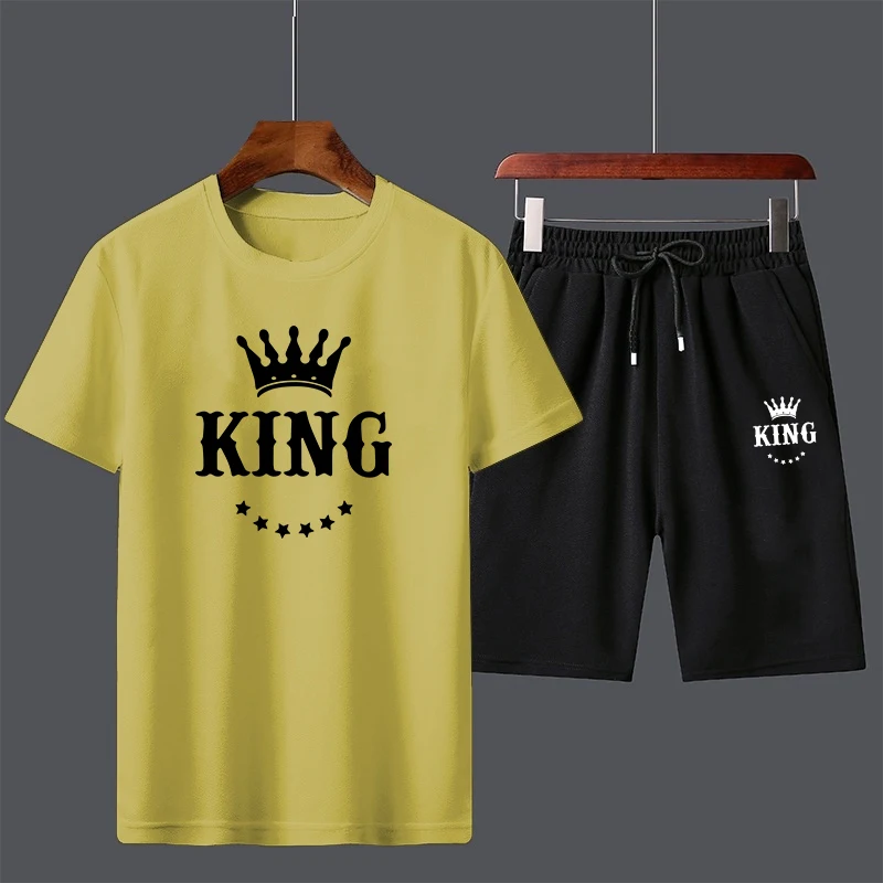 New Summer King Print Men\'s T-shirt Suits Short Sleeve Cotton T-shirt Short 2 Peices Set Tracksuits Jogging Suit 6 Colors