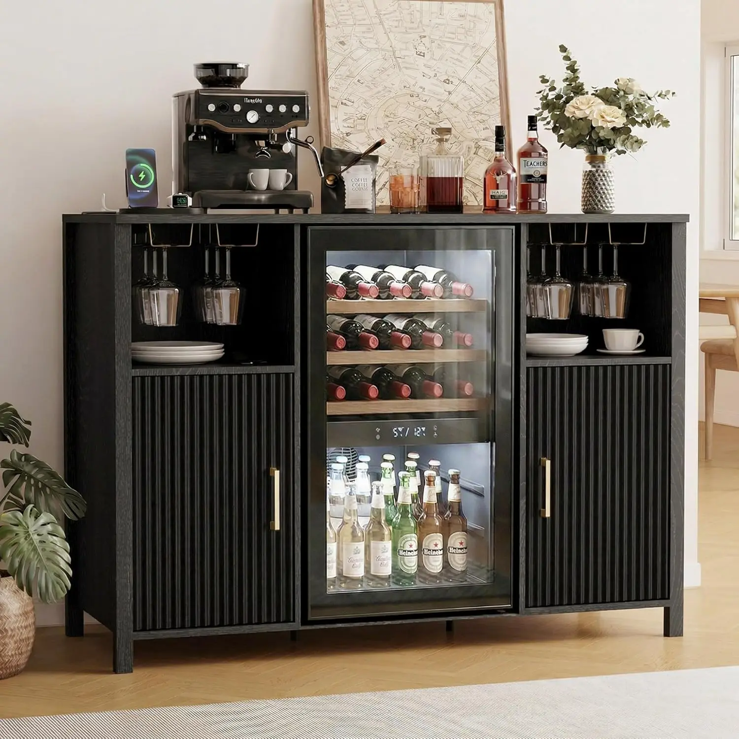 

Кофейный барный шкаф 53 дюйма с розеткой, регулируемой полкой и держателем для стаканов, кухонный буфет-сервант, на заказ