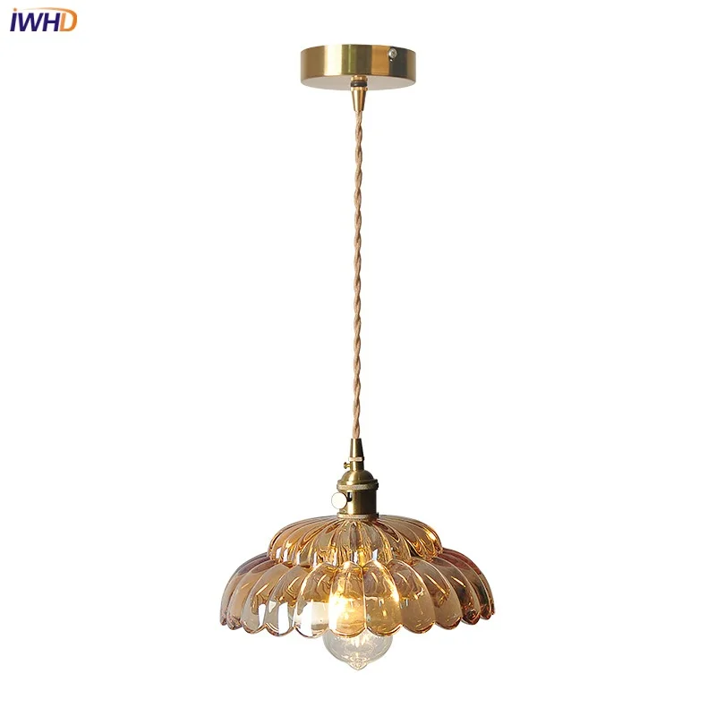 

IWHD Knob Switch LED Pendant Lights Amber Flower Glass Cafe Reading Living Room 200cm Wire Adjustable Home Decor Kitchen Light