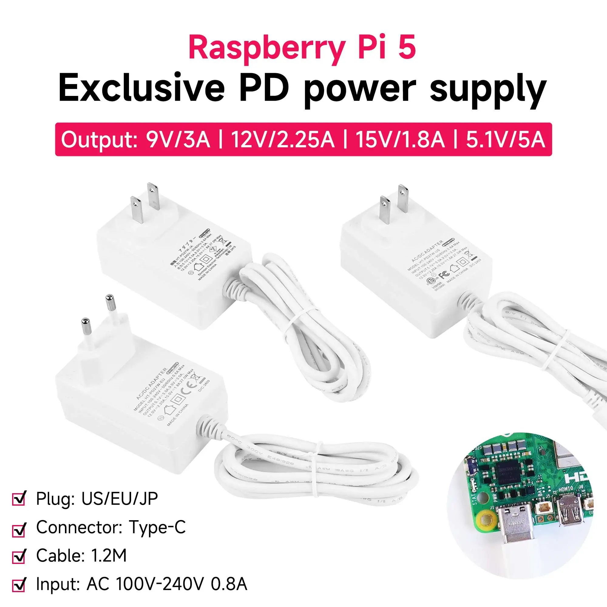 

Официальный источник питания Raspberry Pi PD 27 Вт, адаптер питания USB-C, 5,1 В, 5 А, зарядное устройство для ЕС, США, JP для Raspberry Pi 5