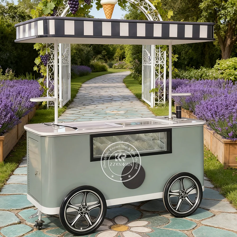 

New Ice Cream Food Truck Push Cart Gelato Ice Cream Cart Ice Cream Display Case Food Cart Mobile Street Push Cart