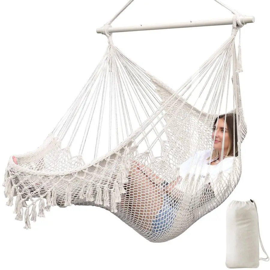 

Hammock Chair Super Large SoftSpun Cotton Rope Weaving Hanging Chair, Collapsible Strong Metal Spreader Bar Wide Seat Lace Stret