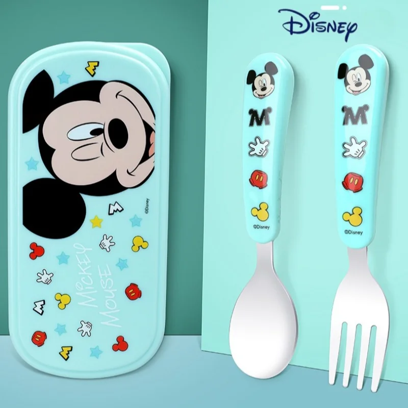 Disney Mickey 2 Piece Stainless Steel Cutlery Set Cute Kawaii Minnie Kids Fruit Fork Cartoon Print Lightning McQueen Spoon Set