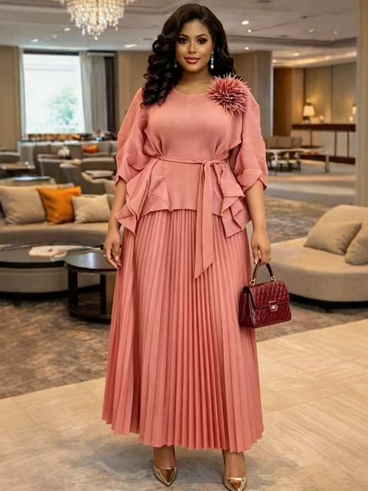 

2 Piece Sets Tops And Skirt African Dresses For Women Elegant Wedding Dashiki Robe Kaftan Pleated Maxi Dress Turkish Africa New