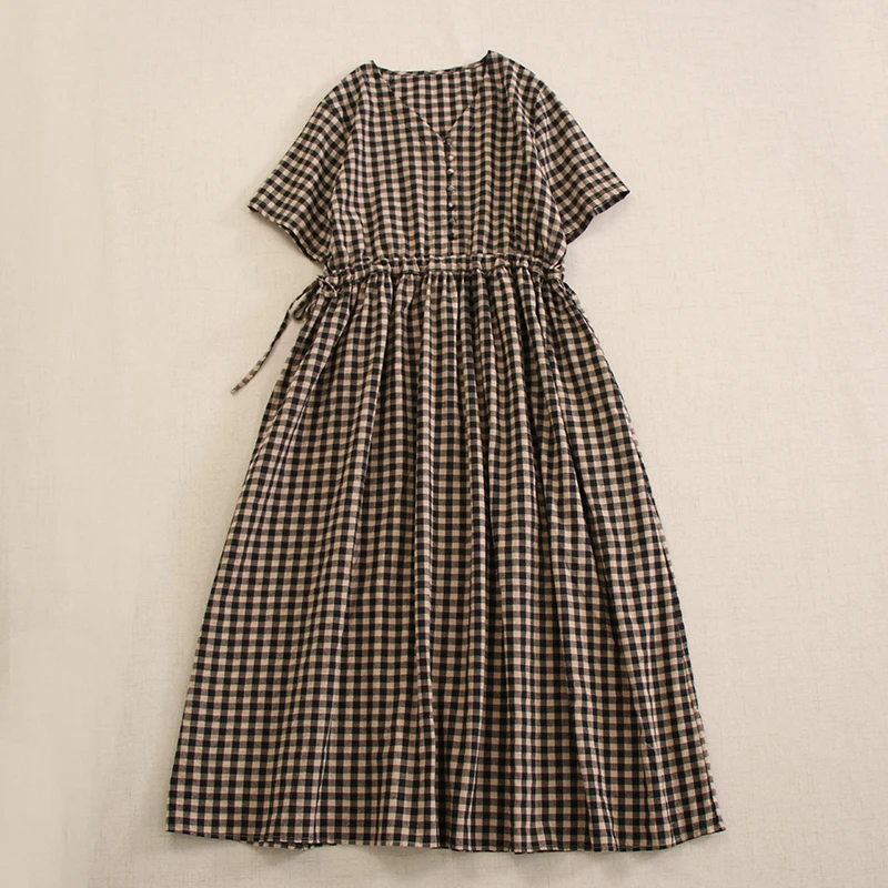 Summer Japanese Mori Girl Vintage Plaid Cotton Dress Women V-neck Short Sleeve Casual Loose Drawstring Waist A-line Midi Dresses