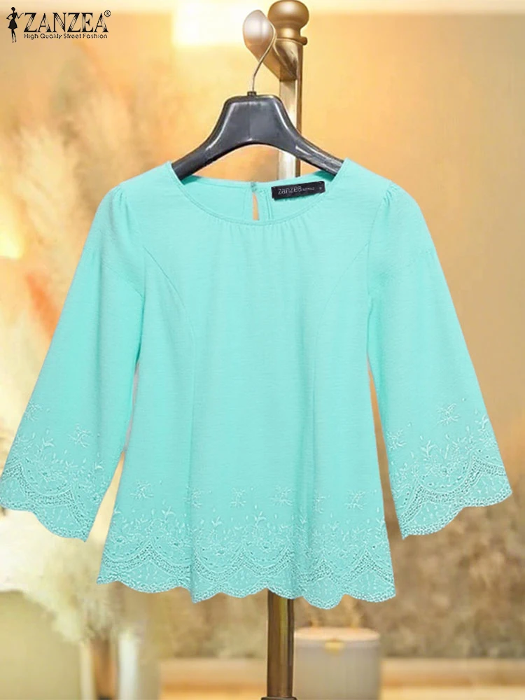 

2025 Summer Lace Patchwork Blouse ZANZEA Stylish Women Tops Elegant O Neck Short Sleeve Work Shirt Casual Embroidered Blusas