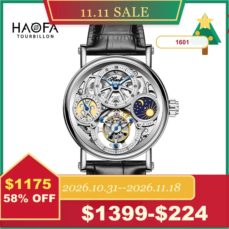 Haofa Skeleton GMT Tourbillon Movement Mens Watch Sapphire Mechancial Tourbillon Wristwatches Day And Night Watch 1601