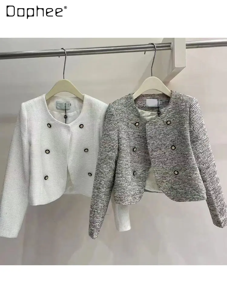 

2023 Spring New Luxury Ladies Flower Gray Double Breasted Short Coat Temperamental Fashion Women's Tweed Crop Jacket Cardigan