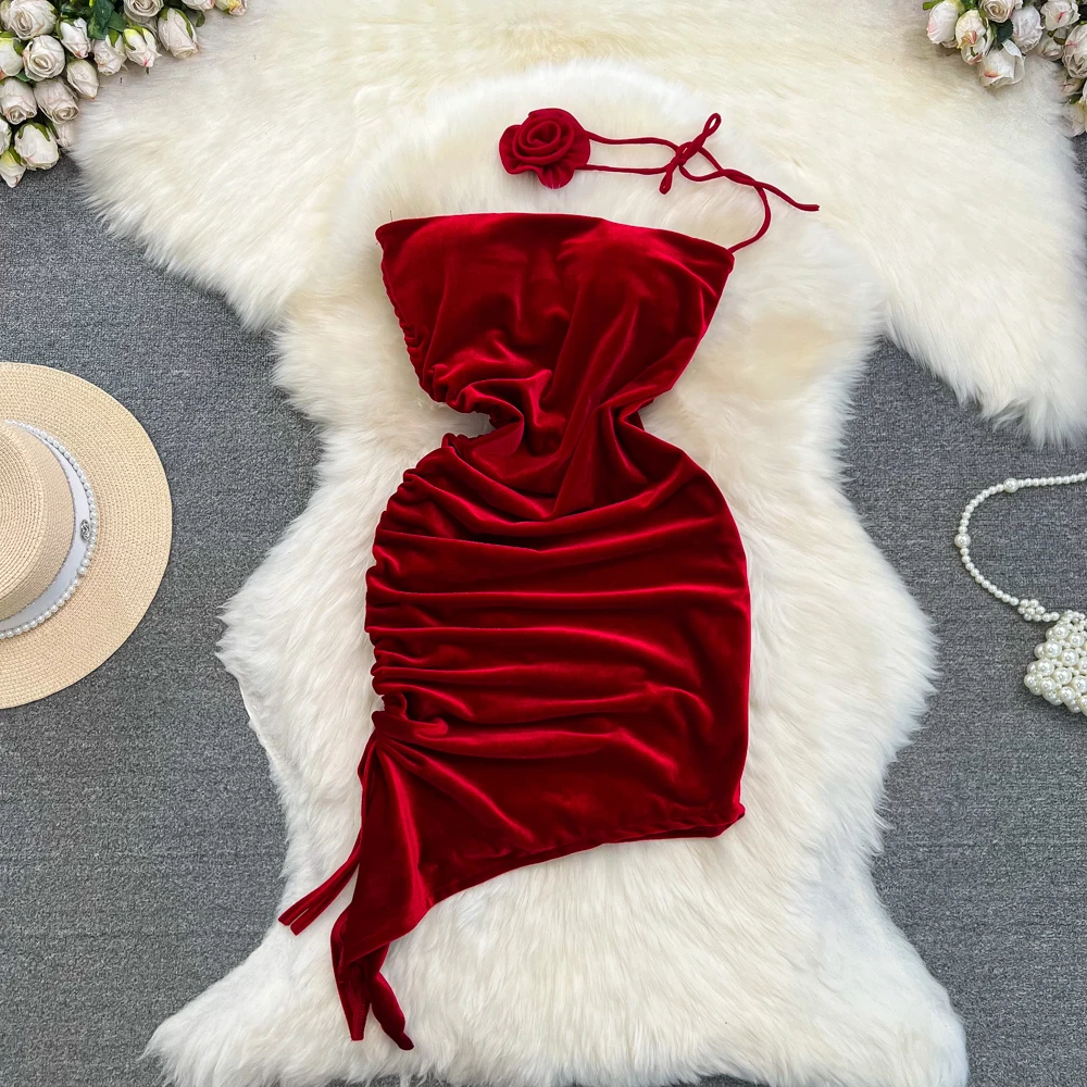 Summer Fashion Elegant Strapless Velvet Dress Women Wrap Waist Show Slim Tube Bra Dresses Lady Velvet Wrap Hip Club Party Dress