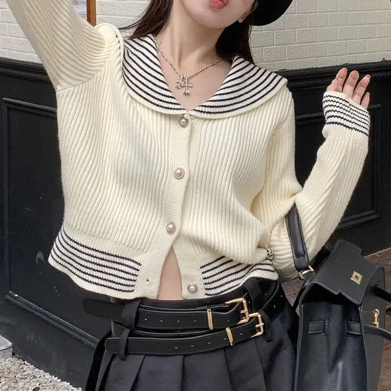 2024 women's new fashion design sense, knitted cardigan, striped navy collar short versatile long-sleeved sweater