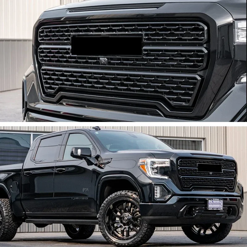 For GMC Sierra 1500 Denali Style Front Bumper Upper Grille 2019-2021 Gloss Black Upper Replacement Bumper Hood Mesh Grid