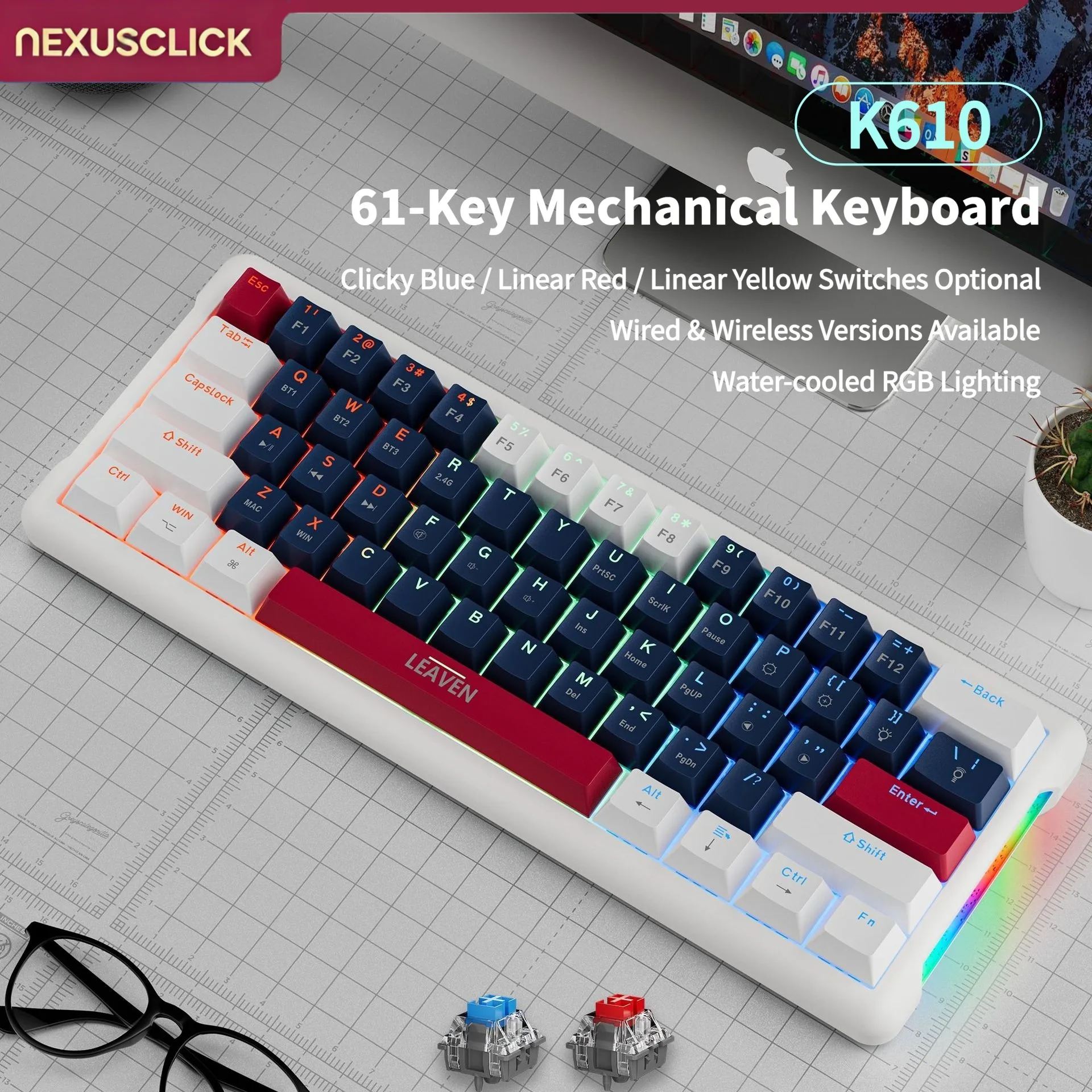 NexusClick Hot Swappable Red Switch Mechanical Keyboard,61 Keys RGB Backlit Stylish Mini Keyboard for Esports Gaming Office Mac