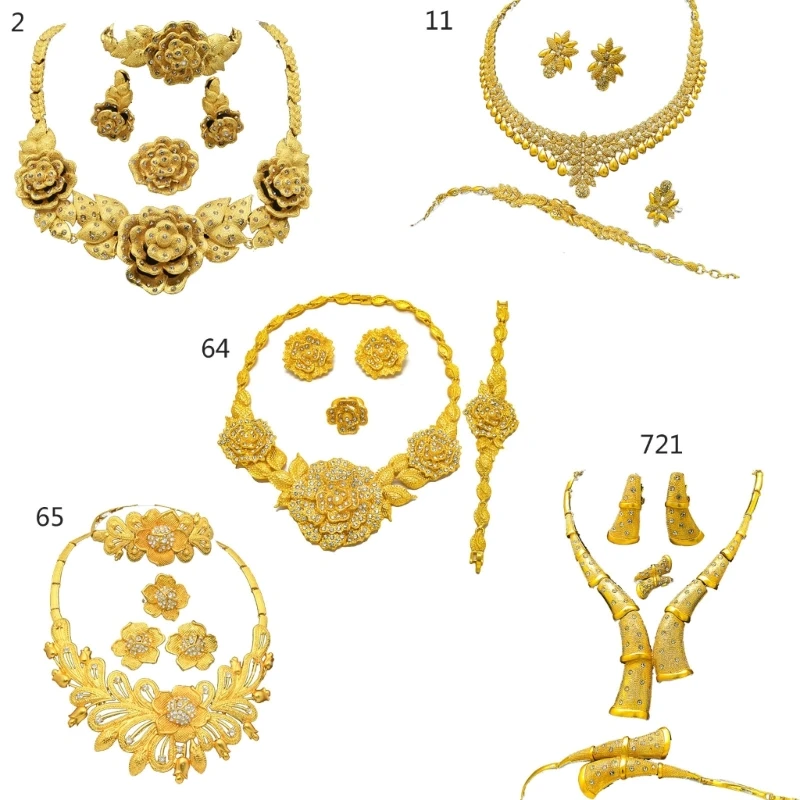 

African Flower Gold Plated Jewelry Set Earrings Necklace Bangle Ring for Women