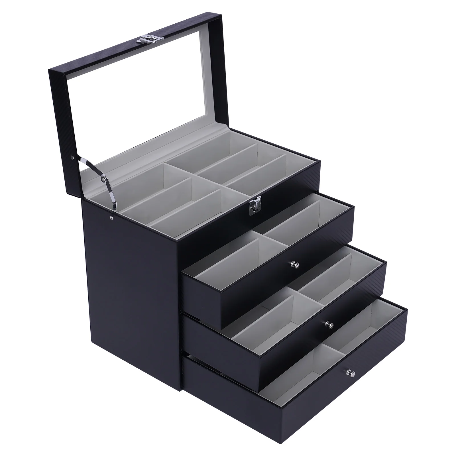 Glasses Display Box, 24 Compartments with Transparent Skylight, PU and Density Board Construction, for Home and Business, Black