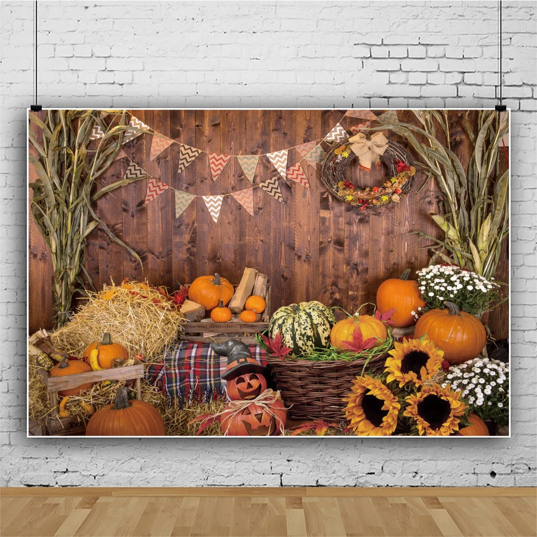 Laeacco Fall Harvest Festival Backdrop Rustic Wood Barn Pumpkin Sunflower Baby Shower Birthday Portrait Photography Background