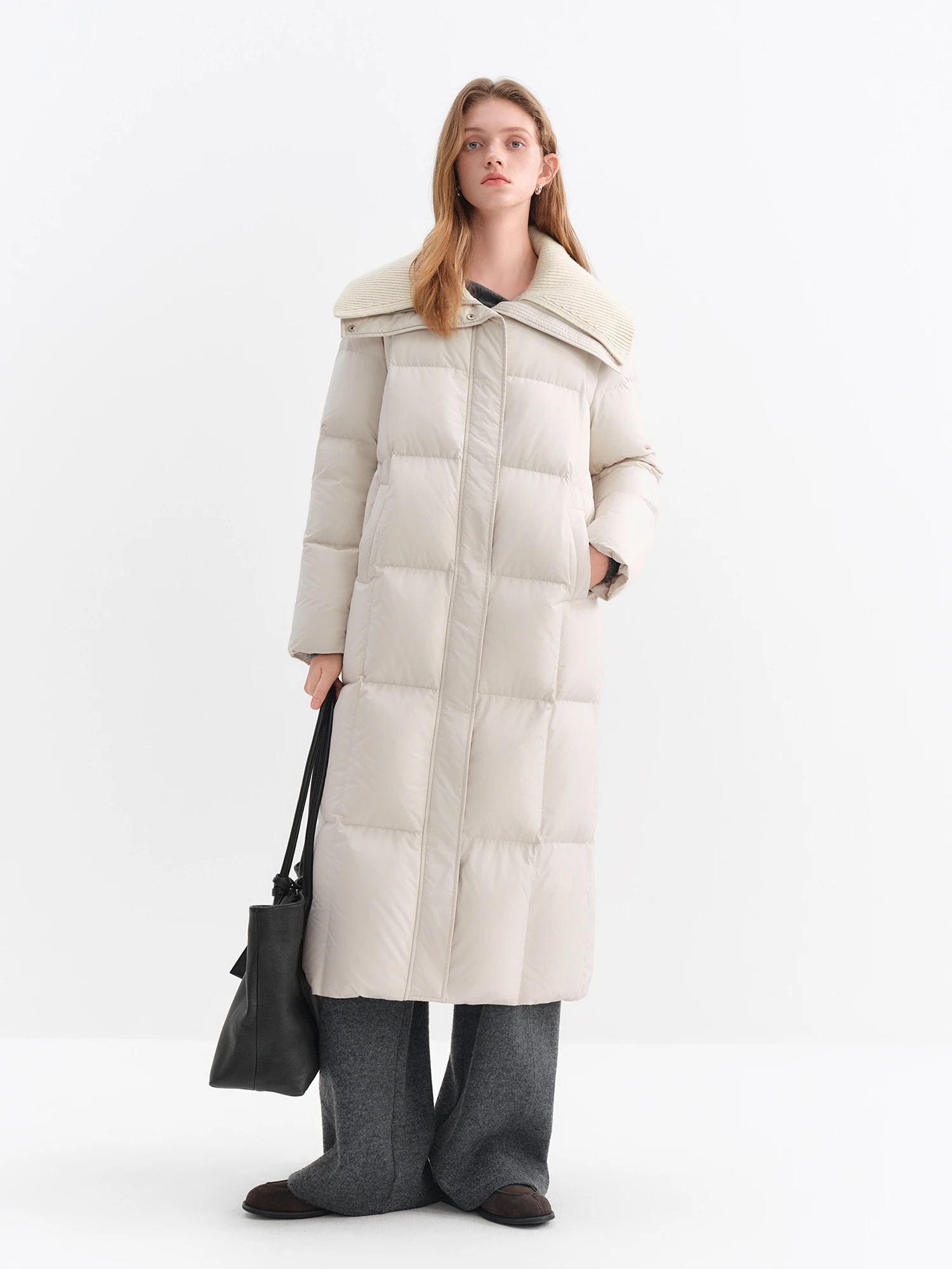 ​ FSLE 2025, langer Daunenmantel für Damen, gestrickt, Reverskragen, schlichtes H-Linien-Design, wärmeisolierte Oberbekleidung für lässige Wärme