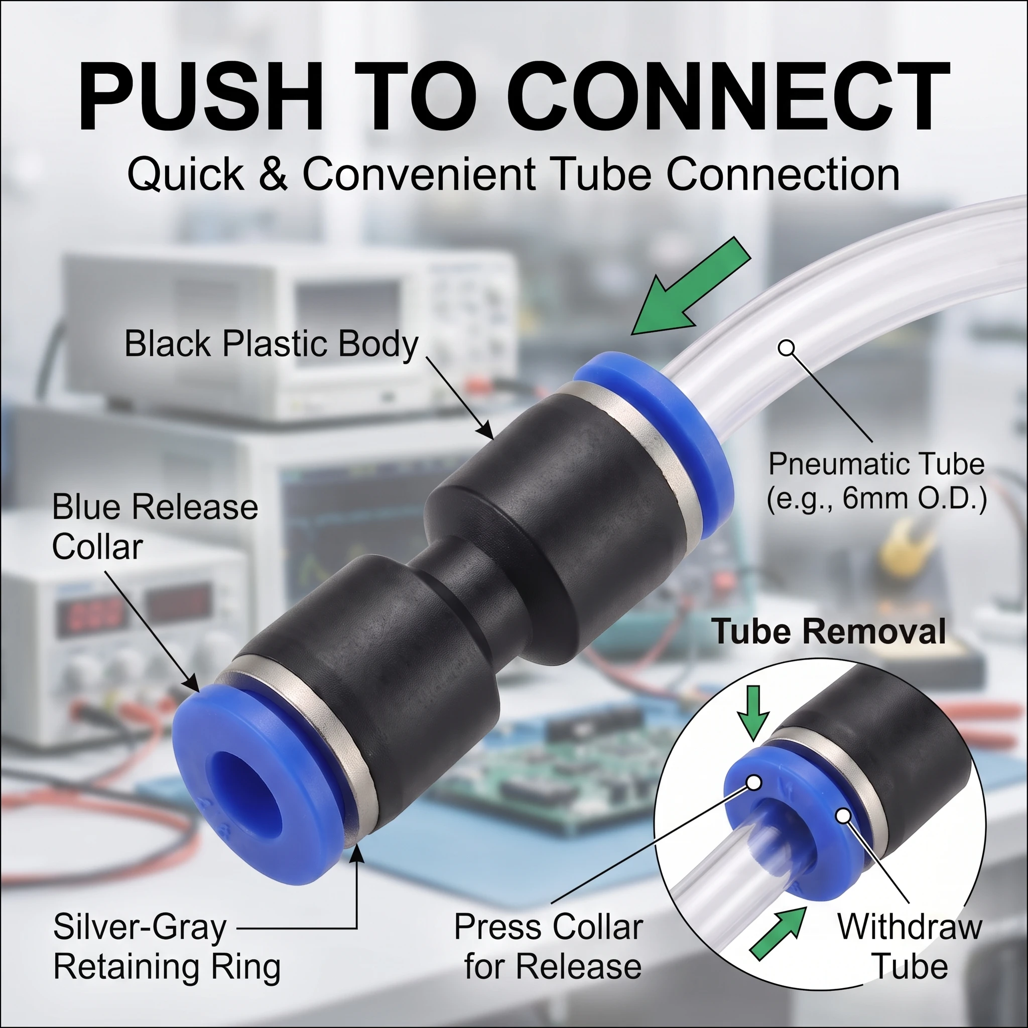 Straight Pneumatic Push Connector, 4mm 6mm 8mm 10mm Plastic Union Fitting for Air Vacuum PU PE Nylon Tubing Hose Line Coupler