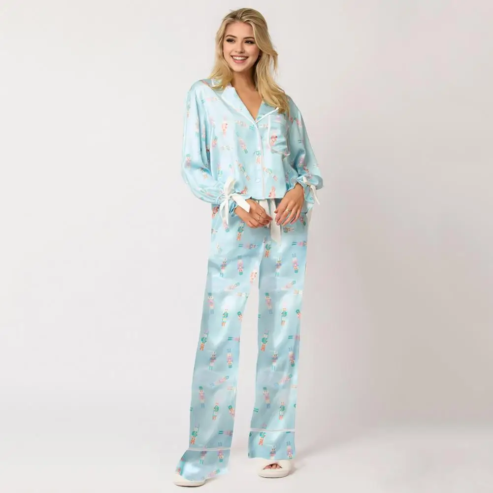 Loose Fit Loungewear Festive Christmas Pajamas Set with Santa Print Satin Nighties Cardigan Top Wide Leg Pants Holiday for New